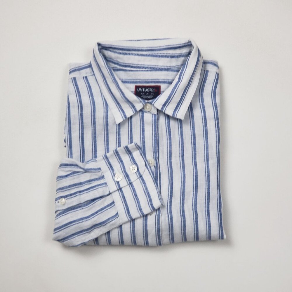 Untuckit Women Button-Up Linen Shirt Wehlen Blue White Stripe NWT/NWOT Pick Size - Picture 11 of 12